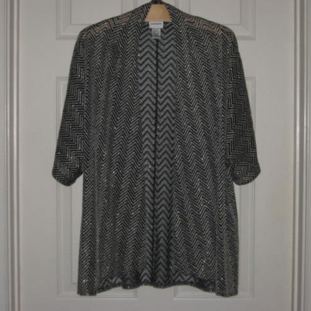 Chicos Size 2 L Open Cardigan Ruana Wrap Sweater Black Gold Metallic Excellent - Picture 7 of 10